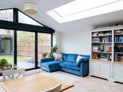 Interior Of Living Area Of Modern Home Extension With Skylight And Large Patio Doors