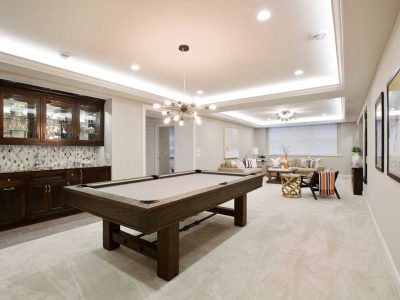Beautiful Basement Entertaining Room With Led Lighting In Tray Ceiling