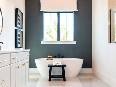 Bathtub In Bathroom Staging Model Home House Or Hotel With Modern Luxury White Cabinets Interior Window With Light And Mirrors